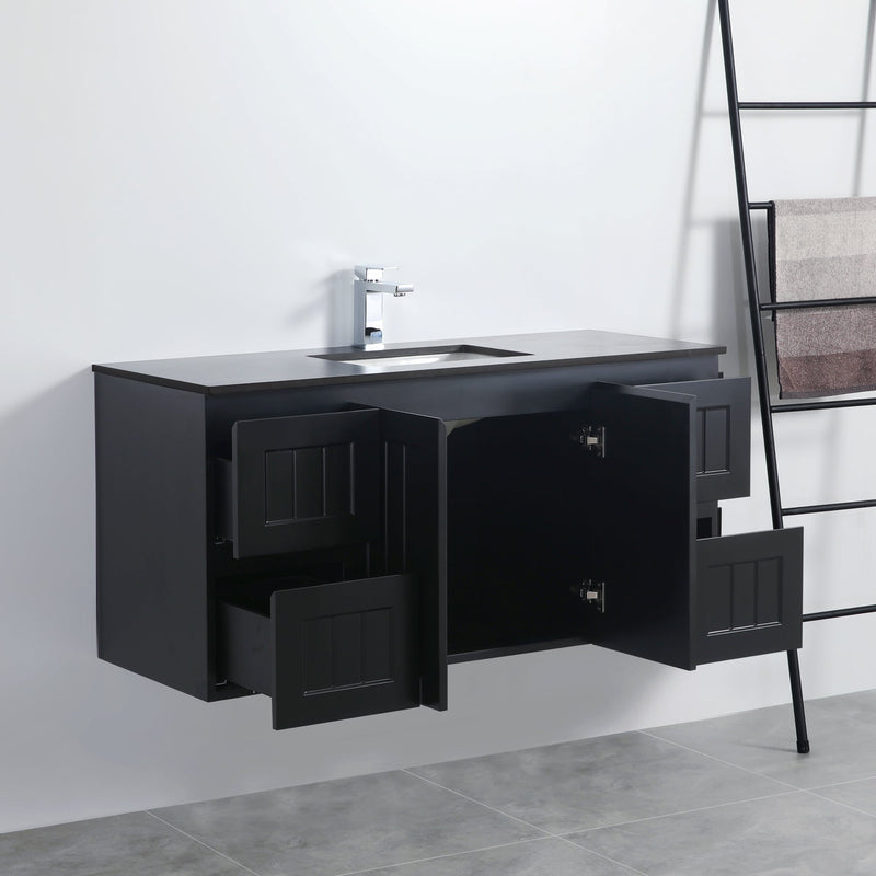 Ceto Acacia 1200mm Both Side Drawer Single Bowl Wall Hung Vanity Matte Black (Ceramic Top) - Sydney Home Centre