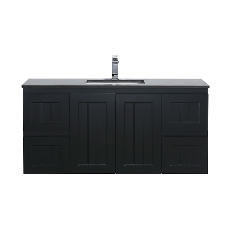 Ceto Acacia 1200mm Both Side Drawer Single Bowl Wall Hung Vanity Matte Black (Ceramic Top) - Sydney Home Centre