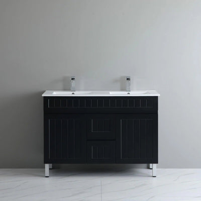 Ceto Acacia 1200mm Middle Drawer Double Bowl Freestanding Vanity Matte Black (Marble Stone Top) - Sydney Home Centre