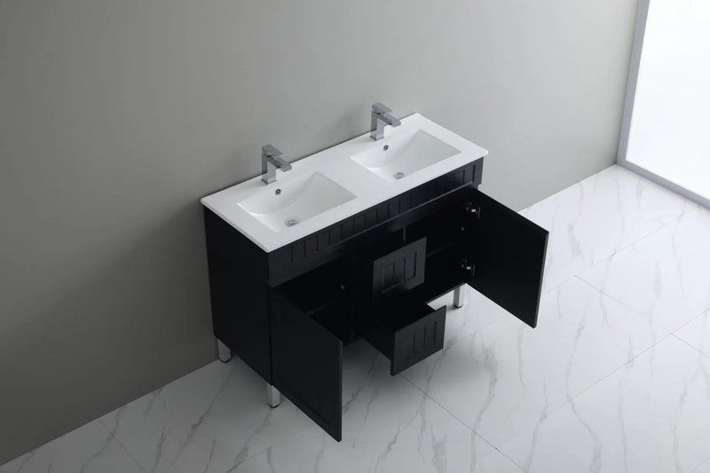 Ceto Acacia 1200mm Middle Drawer Double Bowl Wall Hung Vanity Matte Black (Cabinet Only) - Sydney Home Centre