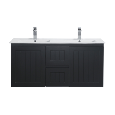 Ceto Acacia 1200mm Middle Drawer Double Bowl Wall Hung Vanity Matte Black (Cabinet Only) - Sydney Home Centre