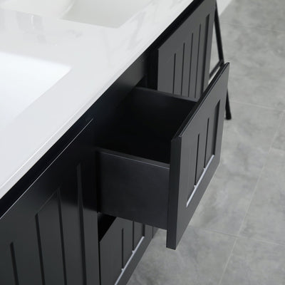 Ceto Acacia 1200mm Middle Drawer Double Bowl Wall Hung Vanity Matte Black (Ceramic Top) - Sydney Home Centre