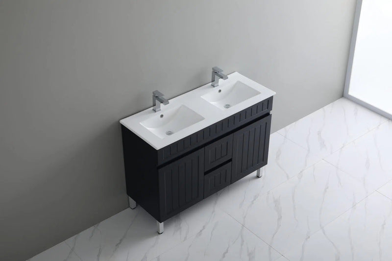 Ceto Acacia 1200mm Middle Drawer Double Bowl Wall Hung Vanity Matte Black (Quartz Stone Top) - Sydney Home Centre