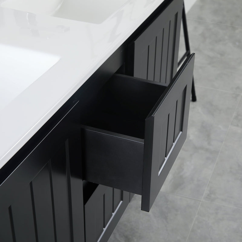 Ceto Acacia 1200mm Middle Drawer Double Bowl Wall Hung Vanity Matte Black (Quartz Stone Top) - Sydney Home Centre