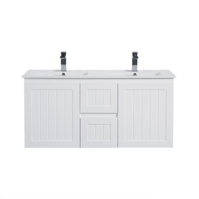 Ceto Acacia 1200mm Middle Drawer Double Bowl Wall Hung Vanity Matte White (Cabinet Only) - Sydney Home Centre