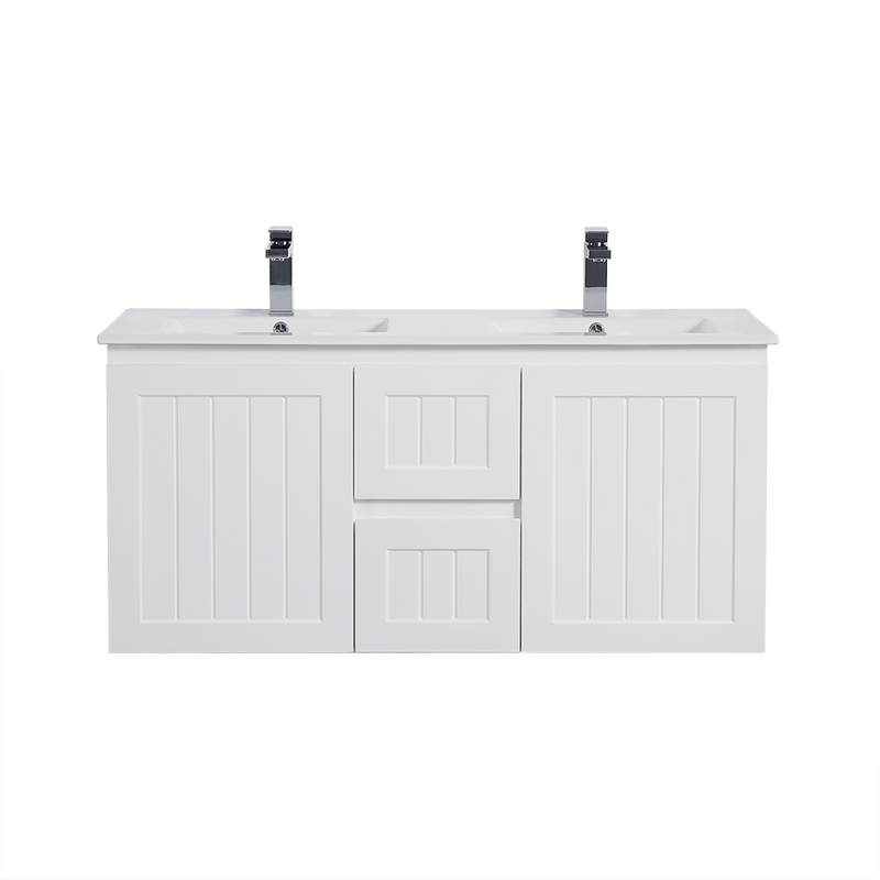 Ceto Acacia 1200mm Middle Drawer Double Bowl Wall Hung Vanity Matte White (Cabinet Only) - Sydney Home Centre