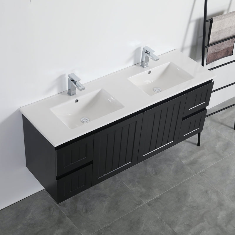 Ceto Acacia 1500mm Both Side Drawer Double Bowl Wall Hung Vanity Matte Black (Ceramic Top) - Sydney Home Centre