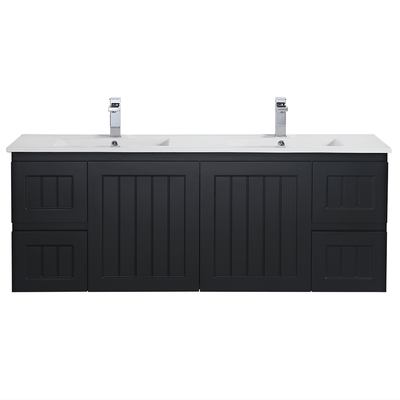 Ceto Acacia 1500mm Both Side Drawer Double Bowl Wall Hung Vanity Matte Black (Ceramic Top) - Sydney Home Centre