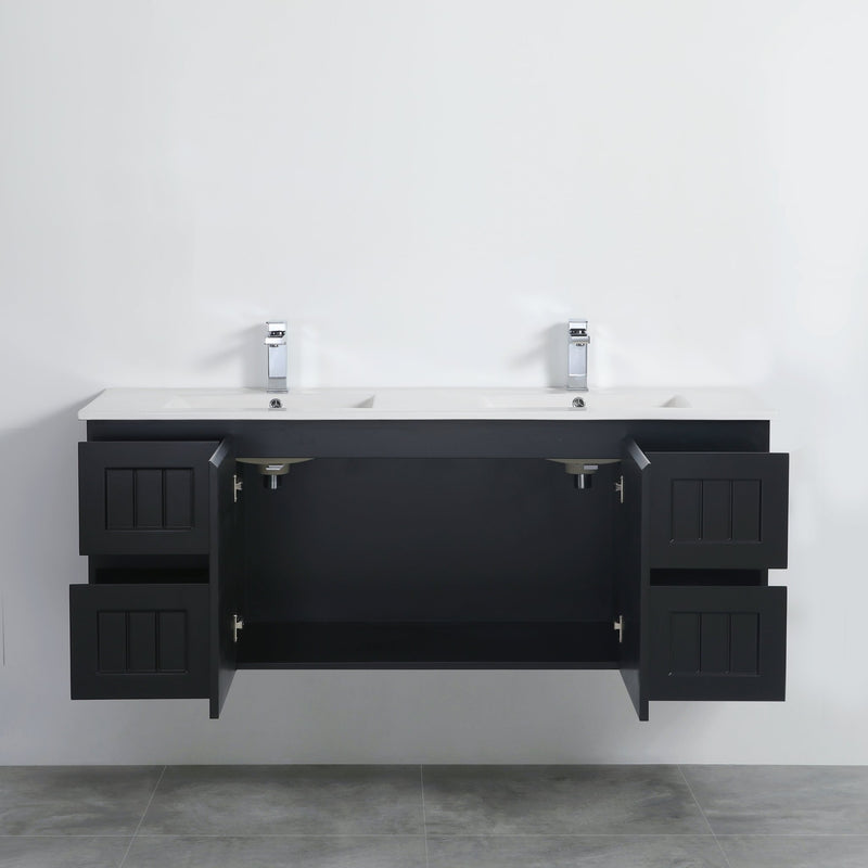 Ceto Acacia 1500mm Both Side Drawer Double Bowl Wall Hung Vanity Matte Black (Marble Stone Top) - Sydney Home Centre