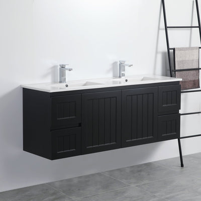 Ceto Acacia 1500mm Both Side Drawer Double Bowl Wall Hung Vanity Matte Black (Quartz Stone Top) - Sydney Home Centre