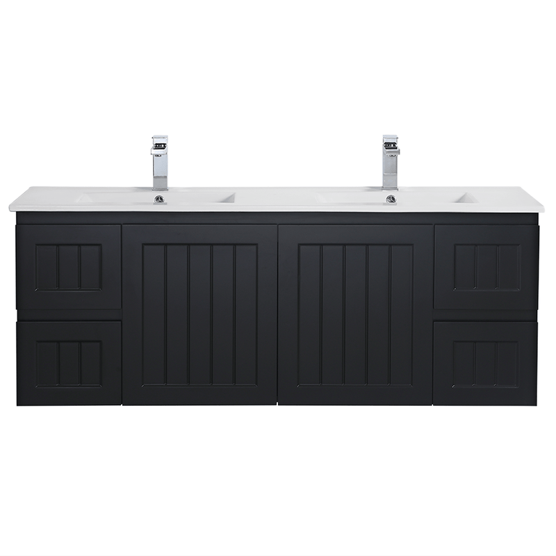 Ceto Acacia 1500mm Both Side Drawer Double Bowl Wall Hung Vanity Matte Black (Quartz Stone Top) - Sydney Home Centre