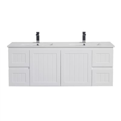 Ceto Acacia 1500mm Both Side Drawer Double Bowl Wall Hung Vanity Matte White (Ceramic Top) - Sydney Home Centre