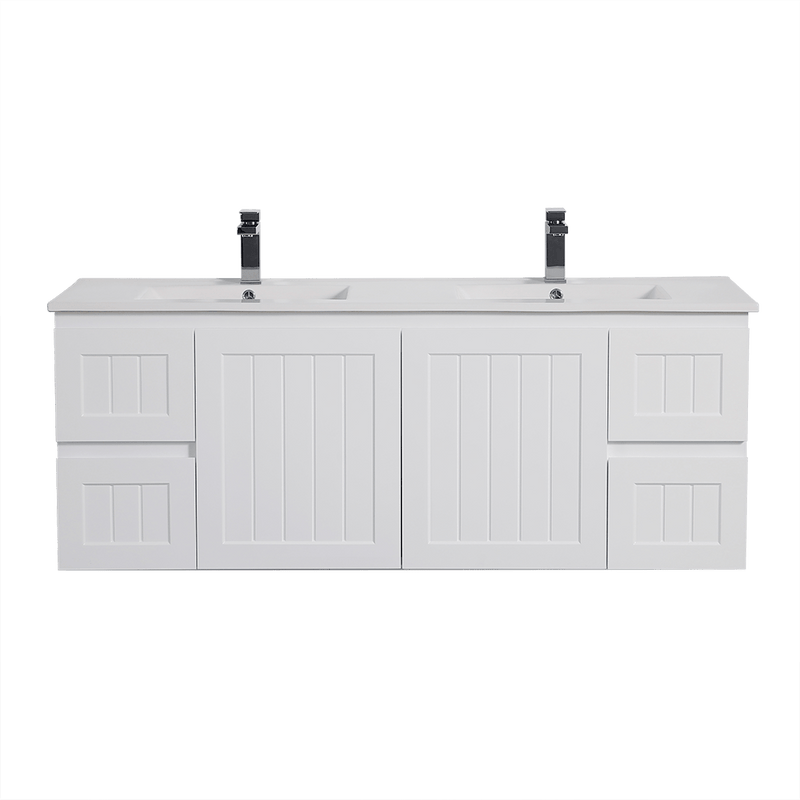 Ceto Acacia 1500mm Both Side Drawer Double Bowl Wall Hung Vanity Matte White (Ceramic Top) - Sydney Home Centre