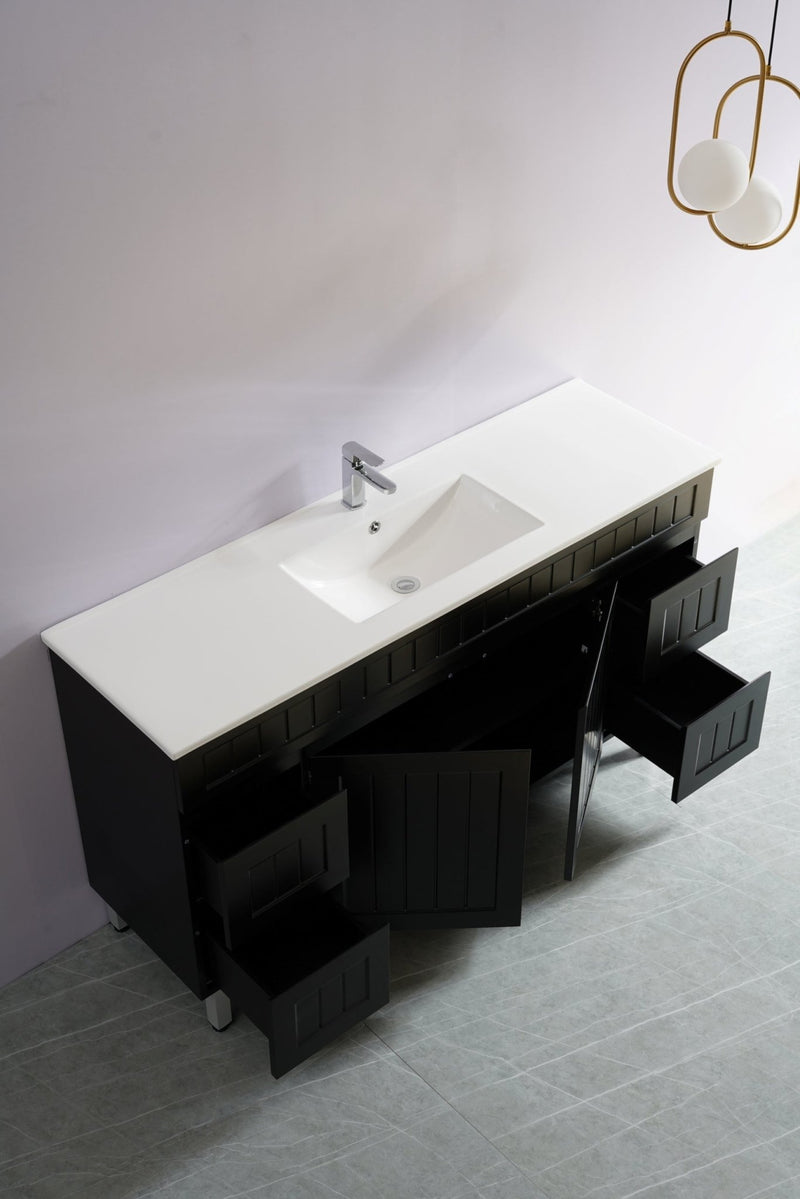 Ceto Acacia 1500mm Both Side Drawer Single Bowl Freestanding Vanity Matte Black (Ceramic Top) - Sydney Home Centre