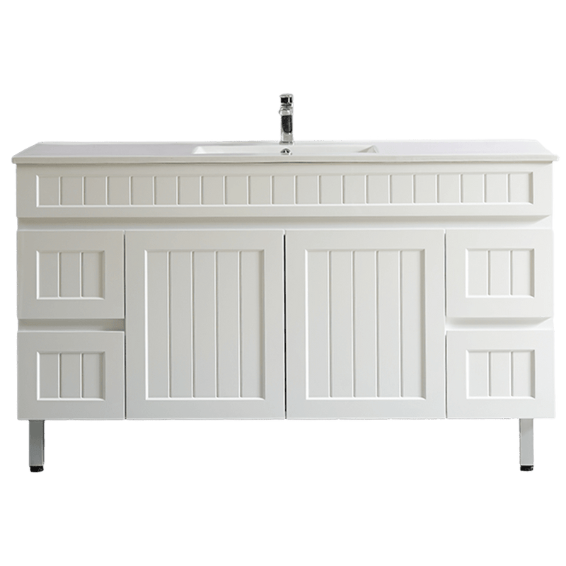 Ceto Acacia 1500mm Both Side Drawer Single Bowl Freestanding Vanity Matte White (Marble Stone Top) - Sydney Home Centre