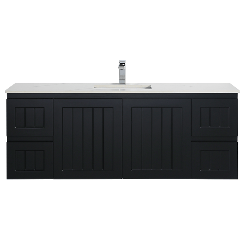 Ceto Acacia 1500mm Both Side Drawer Single Bowl Wall Hung Vanity Matte Black (Marble Stone Top) - Sydney Home Centre