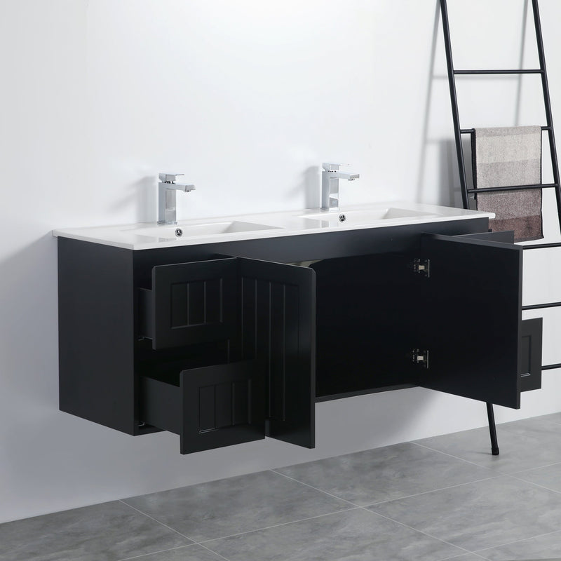 Ceto Acacia 1500mm Both Side Drawer Single Bowl Wall Hung Vanity Matte Black (Marble Stone Top) - Sydney Home Centre