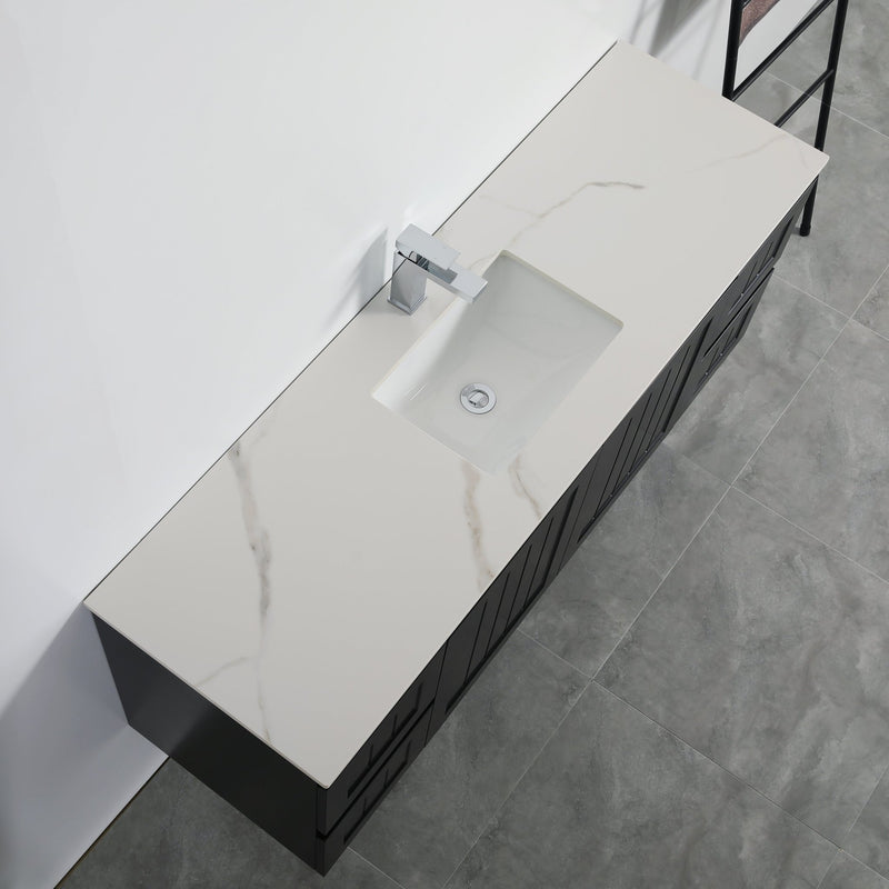 Ceto Acacia 1500mm Both Side Drawer Single Bowl Wall Hung Vanity Matte Black (Marble Stone Top) - Sydney Home Centre