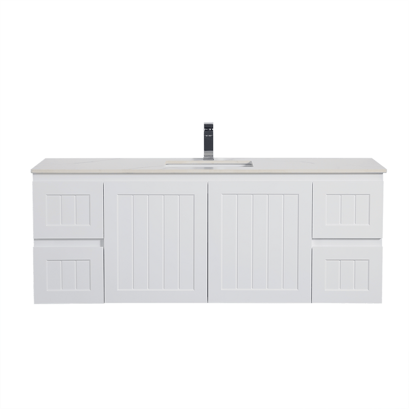 Ceto Acacia 1500mm Both Side Drawer Single Bowl Wall Hung Vanity Matte White (Ceramic Top) - Sydney Home Centre