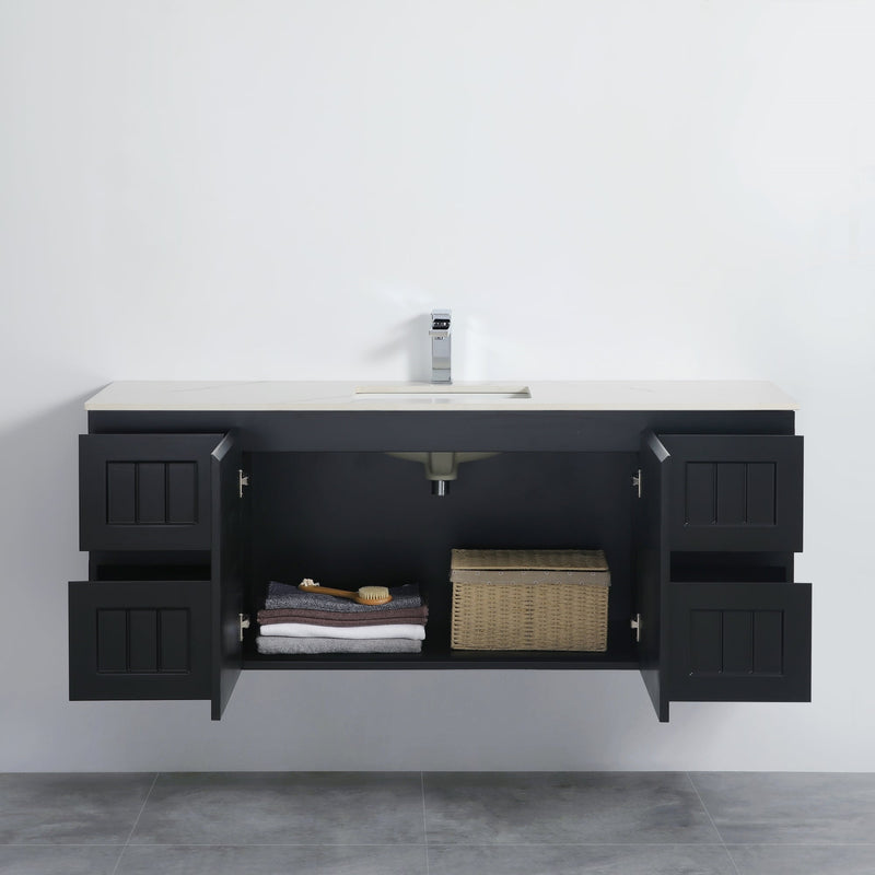 Ceto Acacia 1500mm Both Side Drawer Single Or Double Bowl Wall Hung Vanity Matte Black (Cabinet Only) - Sydney Home Centre