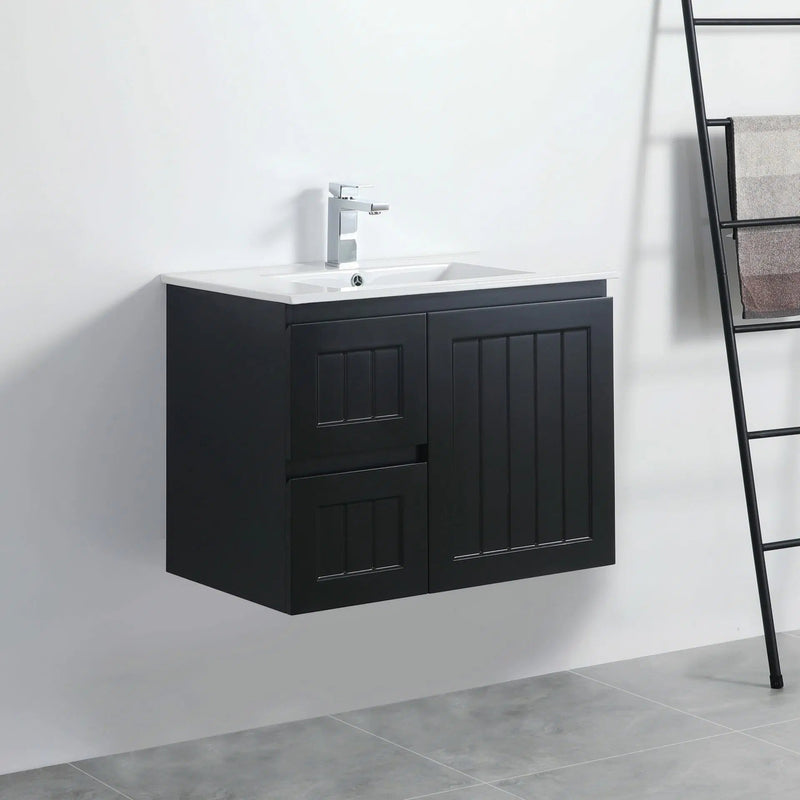 Ceto Acacia 750mm Left Hand Drawer Wall Hung Vanity Matte Black (Ceramic Top) - Sydney Home Centre