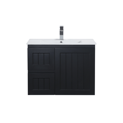 Ceto Acacia 750mm Left Hand Drawer Wall Hung Vanity Matte Black (Ceramic Top) - Sydney Home Centre