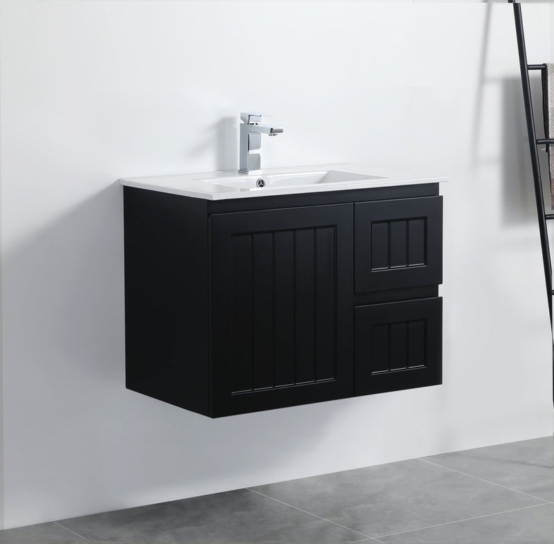 Ceto Acacia 750mm Right Hand Drawer Wall Hung Vanity Matte Black (Cabinet Only) - Sydney Home Centre