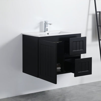 Ceto Acacia 750mm Right Hand Drawer Wall Hung Vanity Matte Black (Ceramic Top) - Sydney Home Centre