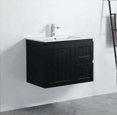 Ceto Acacia 750mm Right Hand Drawer Wall Hung Vanity Matte Black (Ceramic Top) - Sydney Home Centre