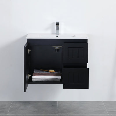 Ceto Acacia 750mm Right Hand Drawer Wall Hung Vanity Matte Black (Marble Stone Top) - Sydney Home Centre