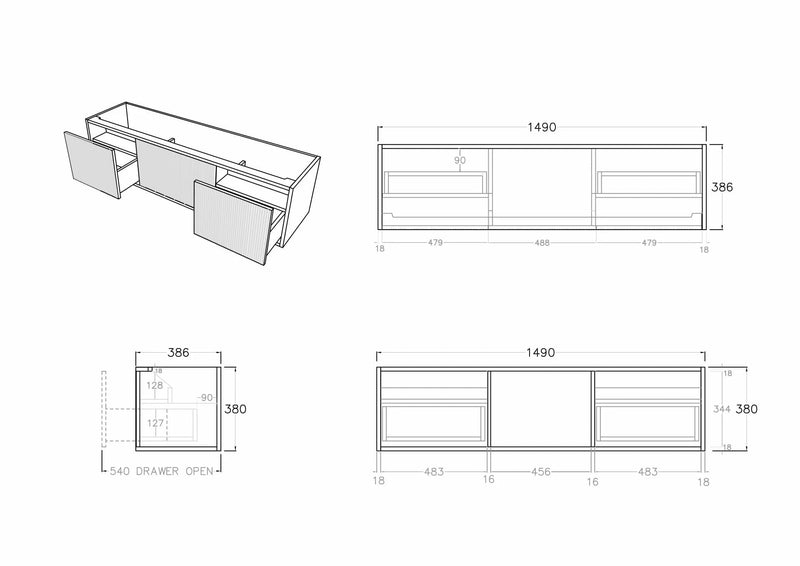 Ceto Bellevue Ensuite Slim 1500mm Wall Hung Cabinet Coastal Oak (Cabinet Only) - Sydney Home Centre