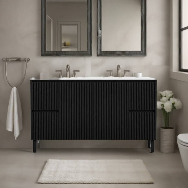 Ceto Brighton 1500mm Both Side Drawer Double Bowl Freestanding Vanity Matte Black (Marble Stone Top) - Sydney Home Centre