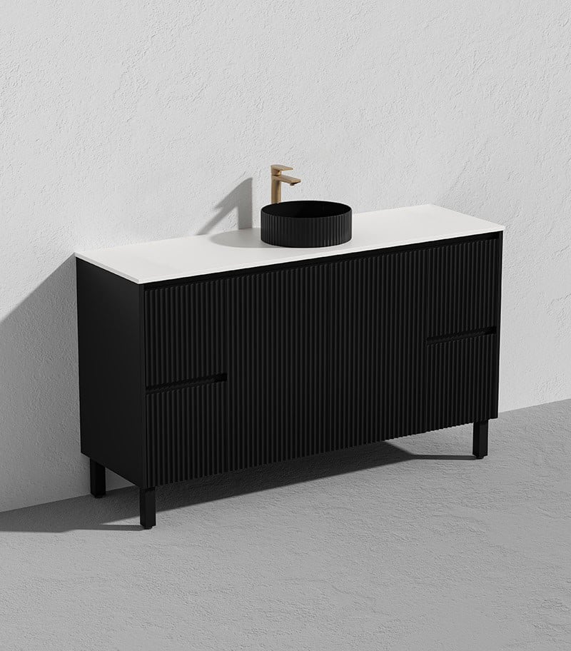 Ceto Brighton 1500mm Both Side Drawer Single Bowl Freestanding Vanity Matte Black (Quartz Stone Top) - Sydney Home Centre