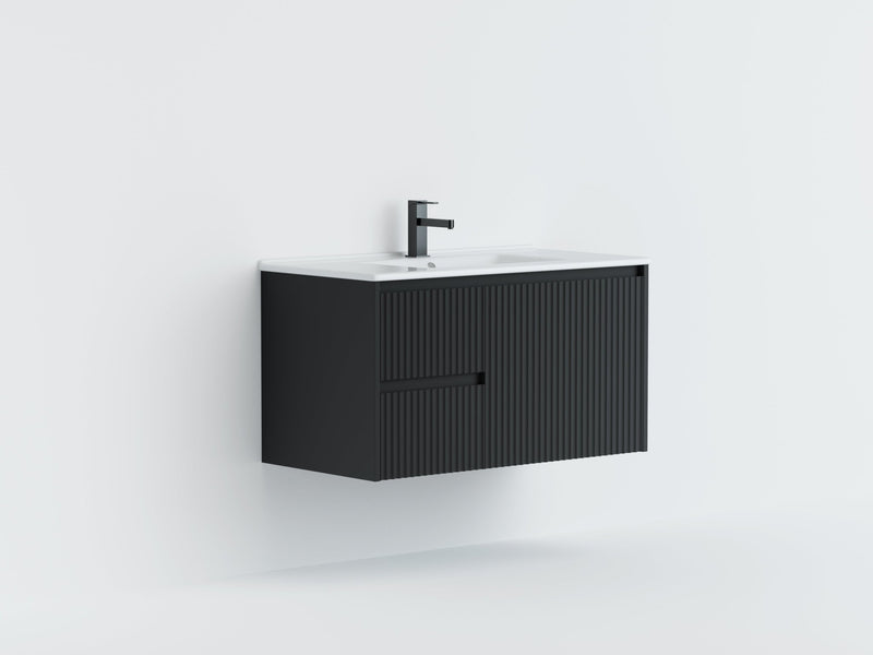 Ceto Brindabella 750mm Left Hand Drawer Wall Hung Vanity Matte Black (Ceramic Top) - Sydney Home Centre