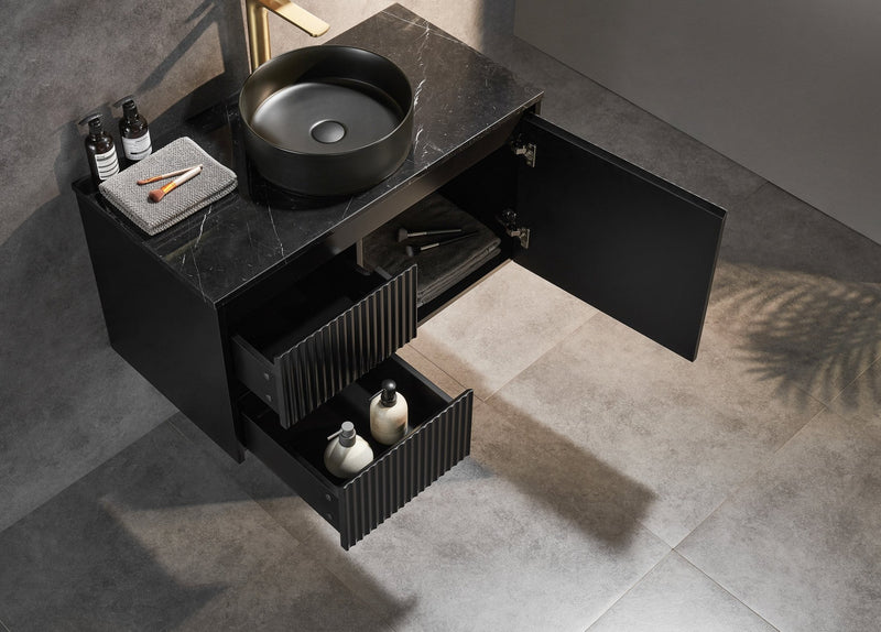 Ceto Brindabella 900mm Left Hand Drawer Wall Hung Vanity Matte Black (Marble Stone Top) - Sydney Home Centre