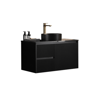 Ceto Brindabella 900mm Left Hand Drawer Wall Hung Vanity Matte Black (Marble Stone Top) - Sydney Home Centre