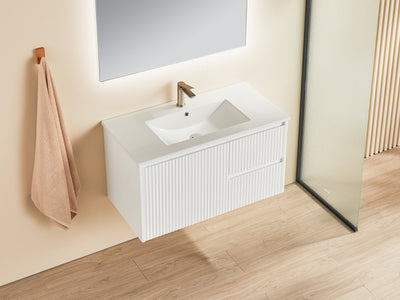 Ceto Brindabella 900mm Right Hand Drawer Wall Hung Vanity Matte White (Marble Stone Top) - Sydney Home Centre