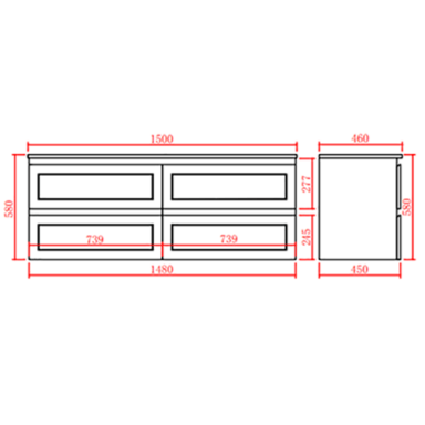 Ceto Fremantle 1500mm Four Drawer Double Bowl Wall Hung Vanity Matte Grey (Ceramic Top) - Sydney Home Centre