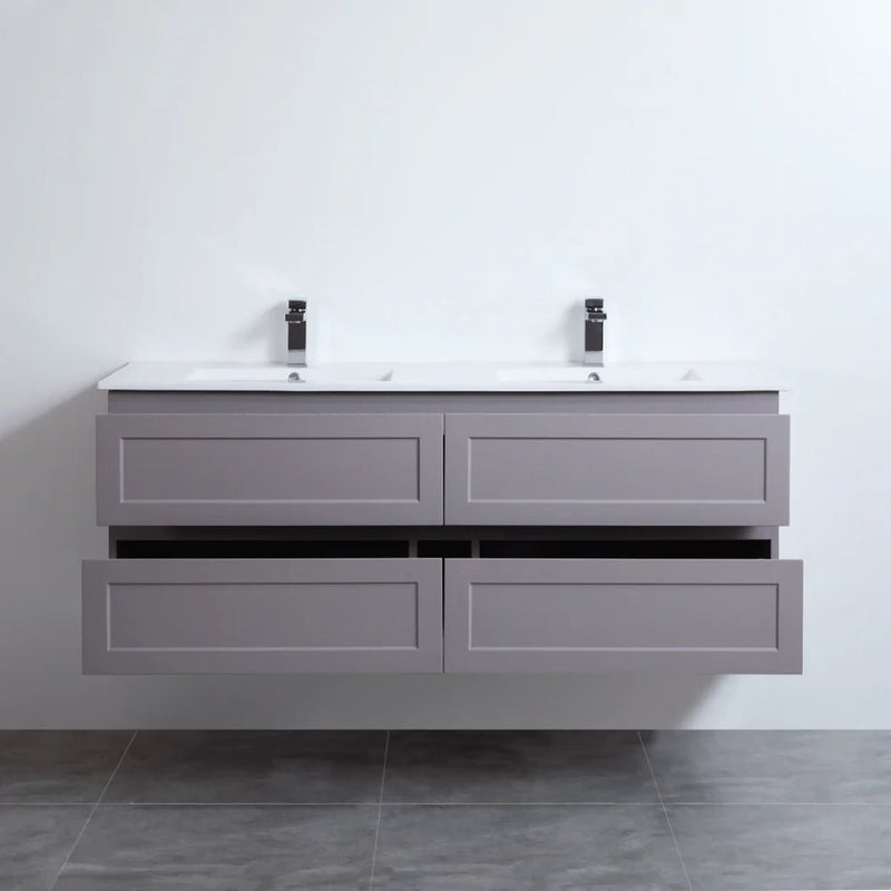 Ceto Fremantle 1500mm Four Drawer Double Bowl Wall Hung Vanity Matte Grey (Ceramic Top) - Sydney Home Centre