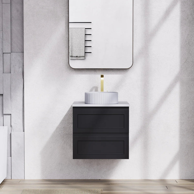 Ceto Fremantle 600mm Double Drawer Wall Hung Vanity Matte Black (Quartz Stone Top) - Sydney Home Centre