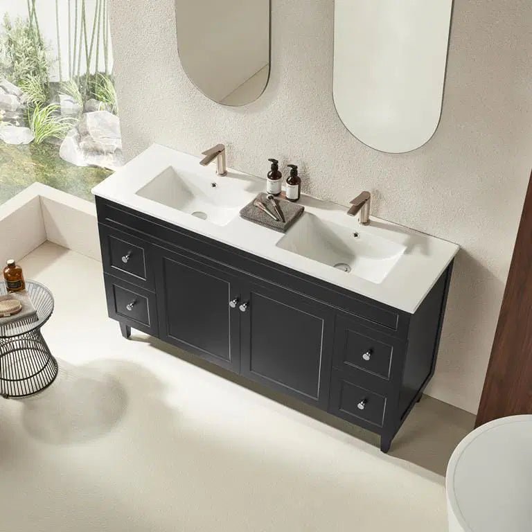 Ceto Harrington 1500mm Both Side Drawer Double Bowl Freestanding Vanity Matte Black (Ceramic Top) - Sydney Home Centre