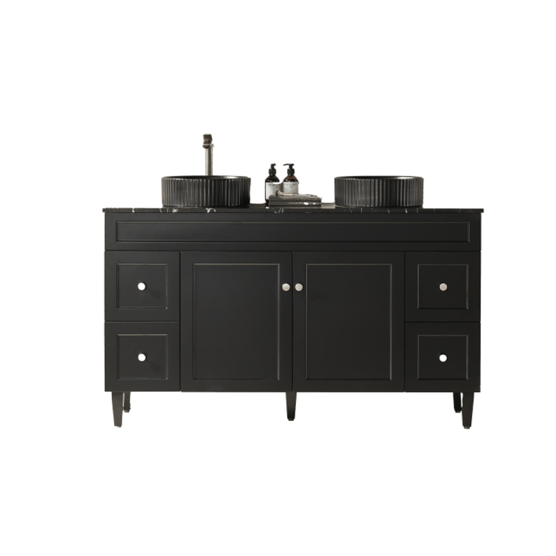 Ceto Harrington 1500mm Both Side Drawer Double Bowl Freestanding Vanity Matte Black (Marble Stone Top) - Sydney Home Centre