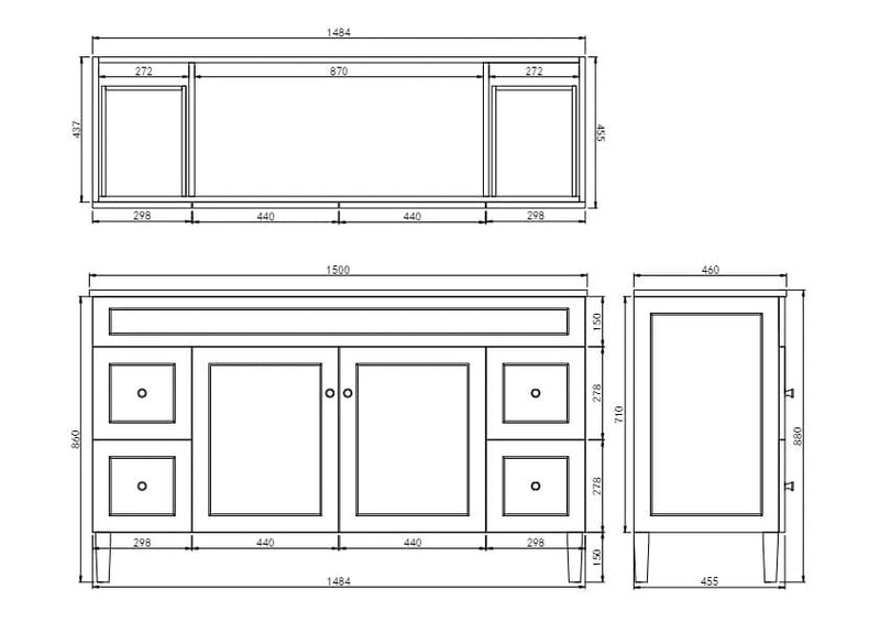 Ceto Harrington 1500mm Both Side Drawer Double Bowl Freestanding Vanity Matte Black (Marble Stone Top) - Sydney Home Centre