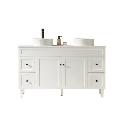 Ceto Harrington 1500mm Both Side Drawer Double Bowl Freestanding Vanity Matte White (Marble Stone Top) - Sydney Home Centre