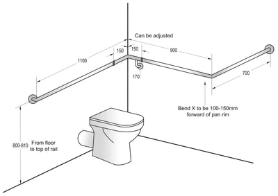 Dolphy 30° Flush Mount Left Hand Side Grab Rail 1100x900x700mm Silver - Sydney Home Centre