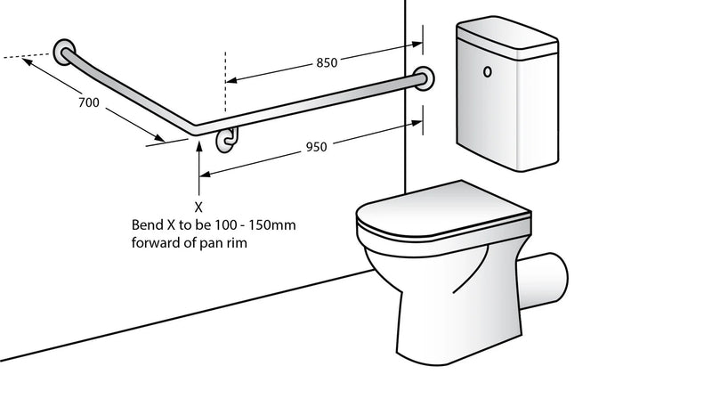 Dolphy 30° Flush Mount Side Wall Right Hand Grab Rail 950x700mm Silver - Sydney Home Centre