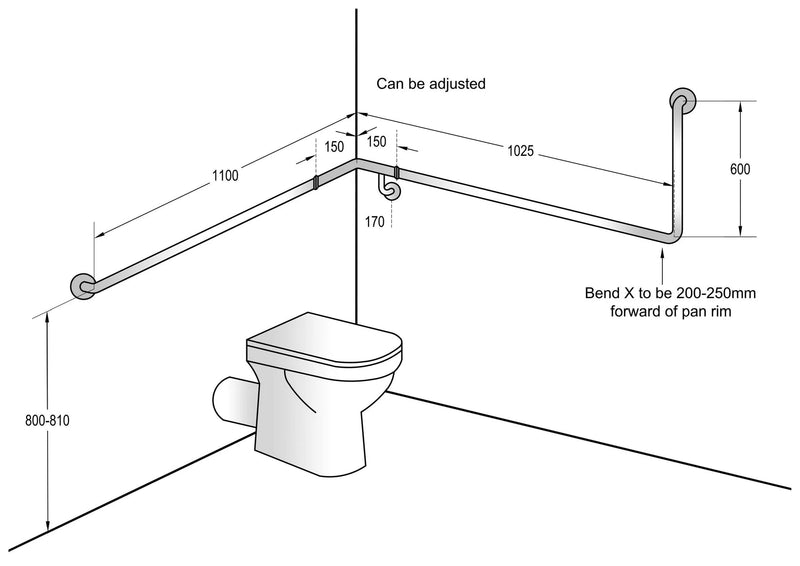 Dolphy 90° Flush Mount Left Hand Side Grab Rail 1100x1025x600mm Silver - Sydney Home Centre