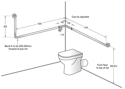 Dolphy 90° Flush Mount Right Hand Side Grab Rail 1100x1025x600mm Silver - Sydney Home Centre