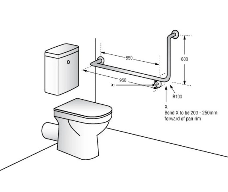 Dolphy 90° Flush Mount Side Wall Left Hand Grab Rail 950x600mm Silver - Sydney Home Centre