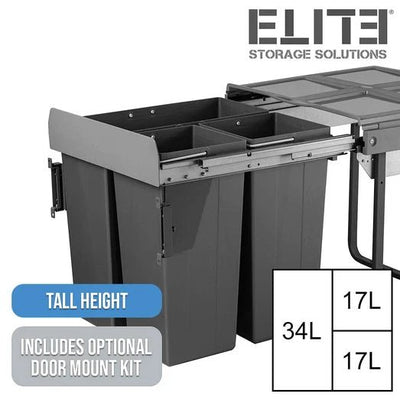 Elite Domestique Bottom Mounted 68L Triple Slide Out Concealed Waste Bin For A 600mm Cabinet Includes Optional Door Bracket Dark Grey - Sydney Home Centre